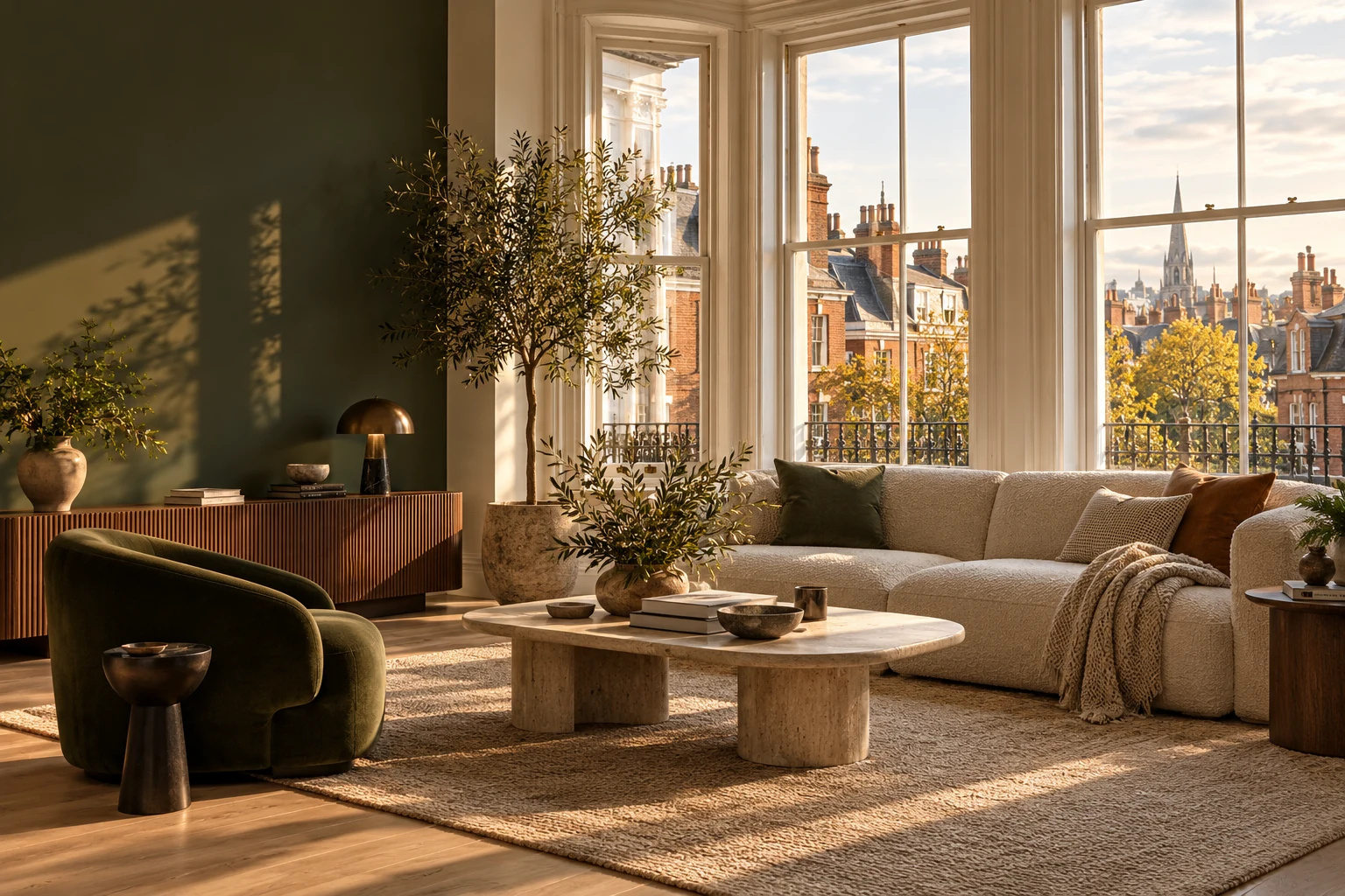 Illustrative apartment interior with large windows and warm sunlight