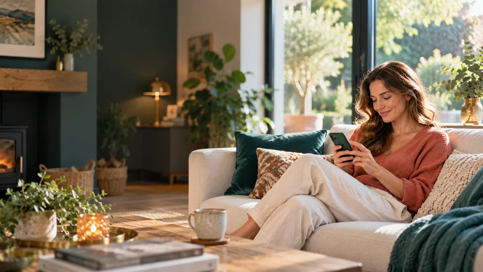 A woman using her phone in a bright, modern home