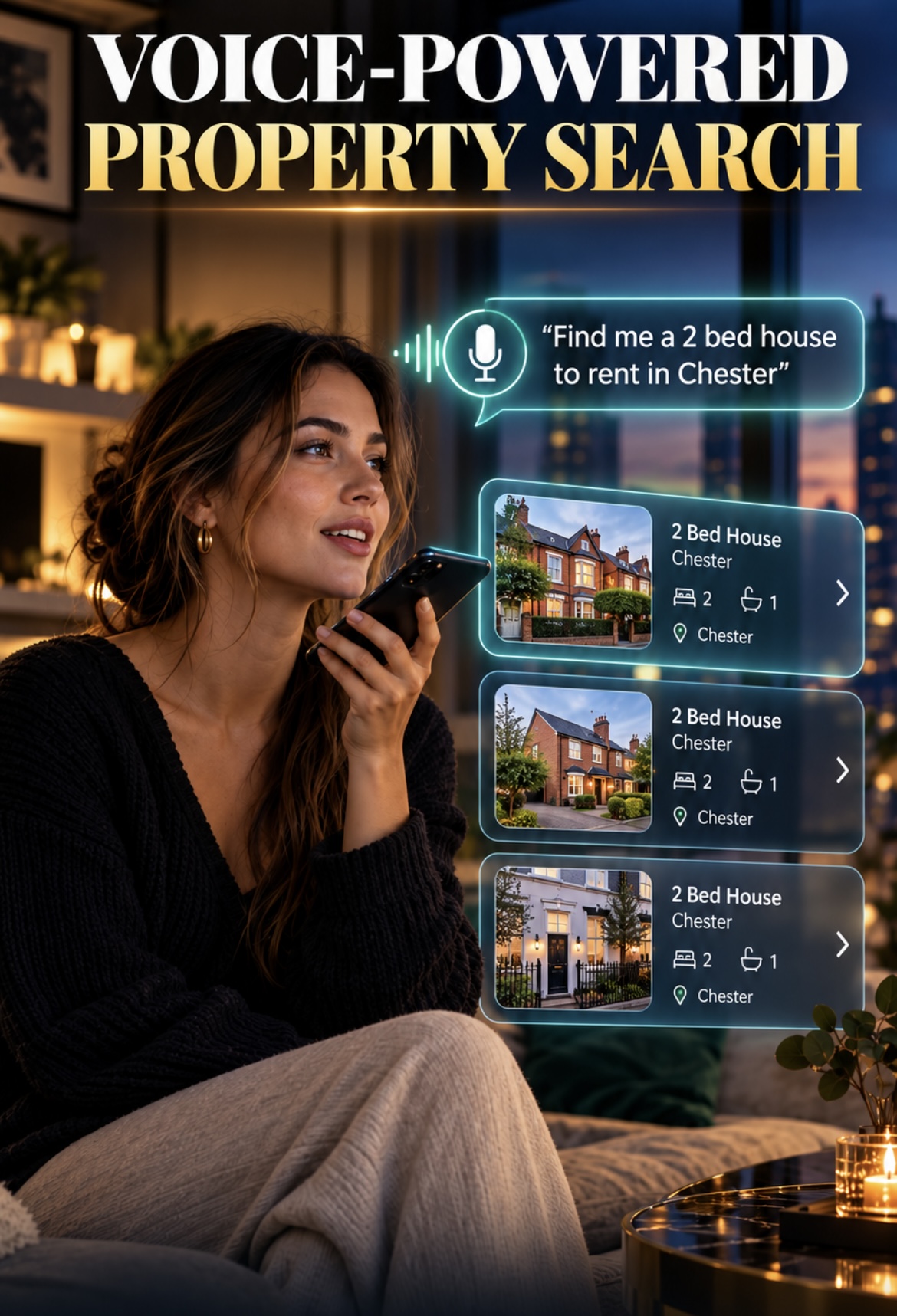 Voice-powered property search showing a woman speaking into her phone